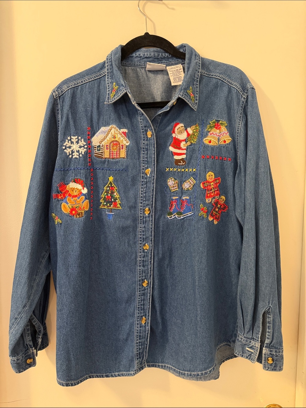 Bobbie Brooks Blue Denim Holiday Christmas Santa Embroidered Teacher Shirt Sz 12
